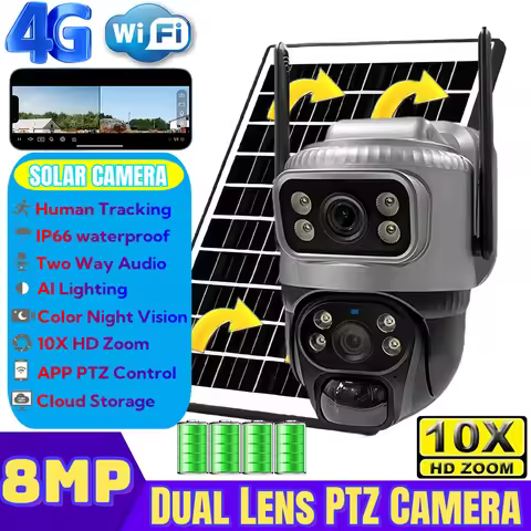 V380PRO Solar Camera 4G Sim 4k 8MP 10X Zoom Dual Lens Recording Humanoid Tracking Outdoor WIFI Camer