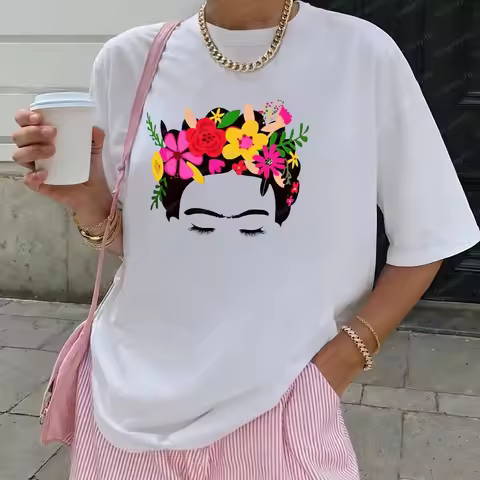 Frida Kahlo Floral Crown Graphic T-Shirt for Women Mexico Cultural Print Tee Boho Casual Short Sleev