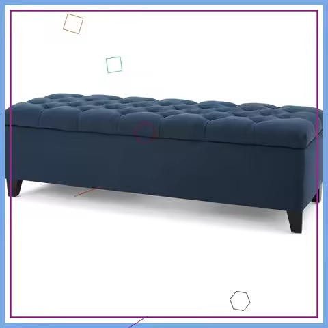 Dark Blue Fabric Storage Ottoman Bench with Button Tufting, 51.5"W x 17.75"D x 15.75"H, Extra Seatin