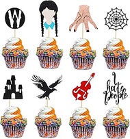 24Pcs Horror Wednesday Addams Cupcake Toppers Thing Hand Black Eagle I Hate People Cobweb Castle Gir