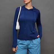 Activina Comfortable Navy Blue Fabric Long Sleeve Hooded Sweatshirt For Women's Sports Upf Shirt Wom