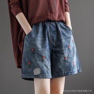 Women's Denim Shorts Korean Style Denim Shorts Thin Denim Shorts Retro Embroidered Wide-