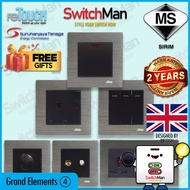 [SIRIM] reTouch Grand Elements Aluminium Titanium Switch &amp; Socket 1/2/3/4 Gang 1/2 Way Universal Round Autogate [Black]