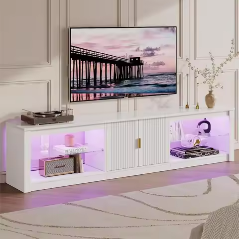 80 Inch TV Stand, LED Gaming Entertainment Center with Storage Cabinet & Adjustable Shelves, Modern