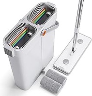 CTIME Mop Set with Bucket and Wringer - Hands-Free Flat Mop, 2 Washable Microfibre Pads, for Wet/Dry
