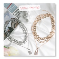CT2」3 Layer Metal Chain Diamond Lock Pendant Necklace