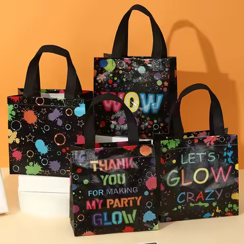 4pcs Glow Party Favor Bags Neon Glow Party Supplies No Woven Neon Birthday Party Gift Bags Goody Can