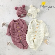 [Mmyard] เด็กทารกเสื้อผ้าฤดูหนาว2ชิ้นแขนยาวสีทึบรอมเปอร์ถัก + ชุดหมวกหมี