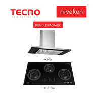 (HOOD + HOB) TECNO KA 9228 / KA9228 Chimney Cooker Hood with Decorative LED Lights + Tecno T 333TGSV / T333TGSV (90cm) 3-Burner Tempered Glass Cooker Hob