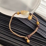 免費開光 天然緬甸玉翡翠 黃翡 招財貔貅手鍊 編織款手鍊
