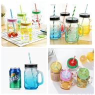 ▪✁Colored Mason Jar With Reusable Straw Bottle Glass Mug Emboss Cold Drink Summer Collection Glass W