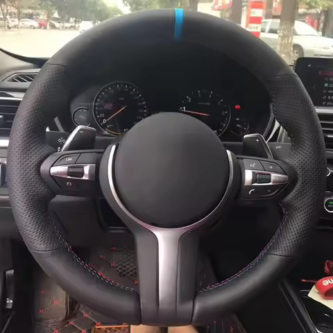 Black Artificial leather Blue Marker Steering Wheel Covers for BMW M2 M3 F80 F82 M4 M5 F12 F13 M6 F8