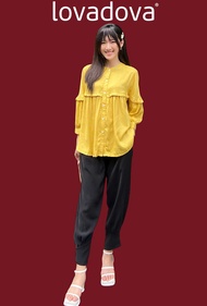 Quần dài màu đen ống túm vải linen Lovadova FT0902