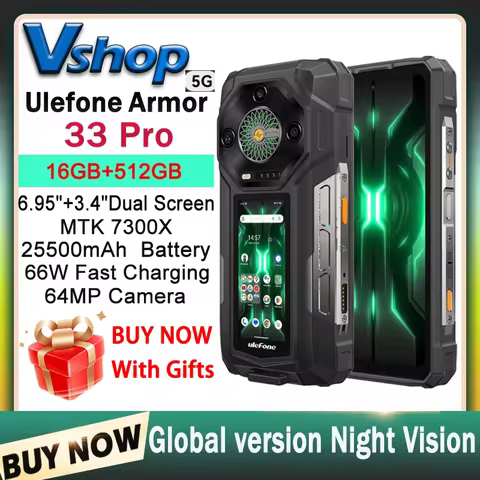 Ulefone Armor 33 Pro Rugged Phone 5G Dual Screen 6.95" 120Hz 16GB+512GB 25500mAh Battery 66W 64MP Ni
