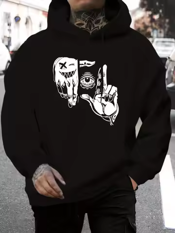 Dark Punk Aesthetic Graphic Men Hooded Sweatshirt Drip Mask All Seeing Eye Hand Sign Print Loose Sof