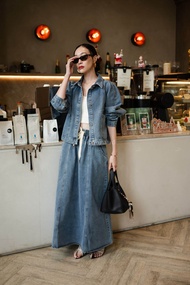 #9870-4 Set เสื้อแขนยาวกระเป๋าคู่หน้า+กระโปรงยาว ชุดทำงานผู้หญิง ชุดยีนส์ ชุดเซ็ต กระโปรงยาว ชุดไปเท