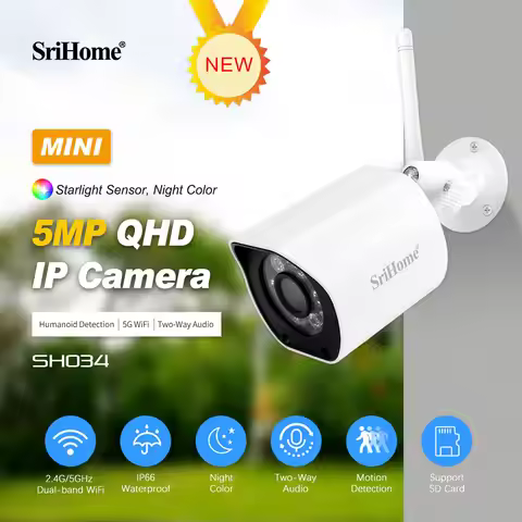 SriHome SH034 5MP QHD 2.4G&5G WIFI IP Bullet Camera Full Color AI Humanoid Detection Home Security C