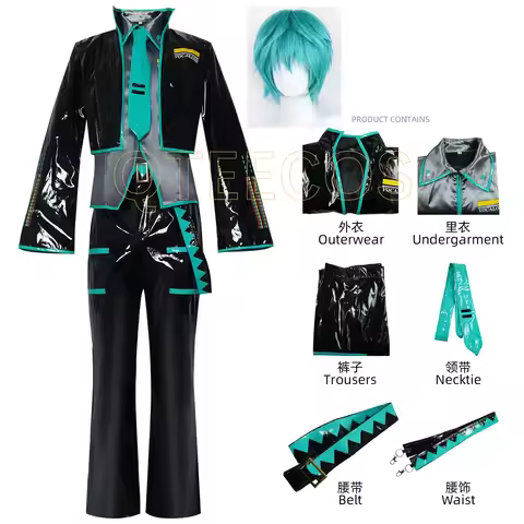 Mikuo Male Miku Cosplay Costume Uniform Wig Anime Clothes Black PU Leather Jacket Pants Fancy Hallow