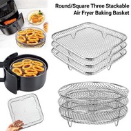 **包郵** [圓形] 空氣炸鍋配件 燒烤架 三層疊網 烤箱配件 不銹鋼脫水架 [平行進口]