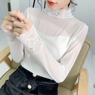 Spring Slim-fit Lace Shirt Slim-fit Gauze Modal Long-Sleeved T-Shirt Lace Stand-Up Collar Bottoming 