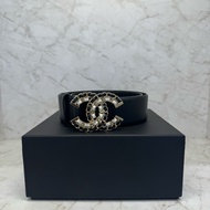 CHANEL黑白皮穿鍊雙C淡金4CM皮帶/75