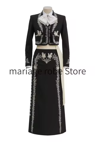 Black Charro Suit evening dress Luxury Silver Embroidered Traje de Charra Mexican Mariachi Outfit Ja
