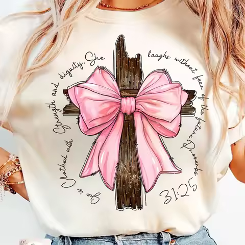 Plus Size Women Tshirt Bow Cross Proverbs Christian Bible Verse T-shirts Short Sleeve Cotton Graphic