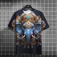 ช้างเสื้อยืดผู้ชายลายไทยแขนสั้นฤดูร้อนหลวมสบายๆด้านบนชายเสื้อยืดวินเทจ