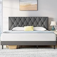 Molblly King Size Bed Frame with Adjustable Headboard, Linen Fabric Wrap, Strong Frame and Wooden Slats Support, No Box Spring Needed, Non-Slip and Noise-Free, Easy Assembly, Dark Grey