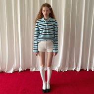 เสื้อโปโลผู้หญิง PFF เด็กผู้หญิง ลายทางสีฟ้าอ่อน ปักโลโก้ ทรงหลวม แขนยาว คอโปโล สไตล์เกาหลี ผ้าฝ้ายผ