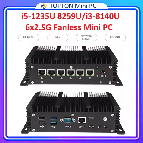Topton 6x 2.5G LAN Firewall Mini PC Fanless Intel Core i5 1235U 8259U i3 DDR5 DDR4 2*COM AES-NI pfSe