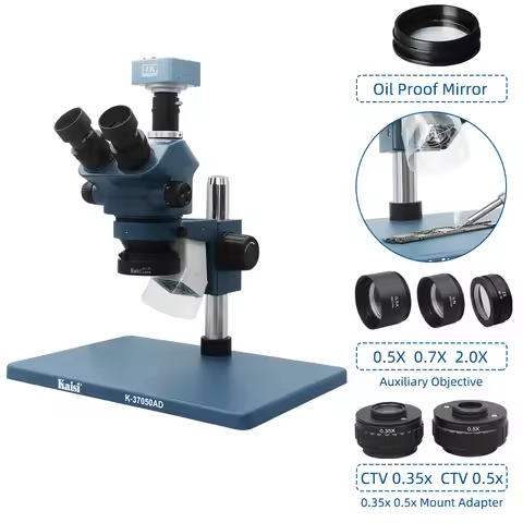 7X-50X Simul-Focal Stereo Trinocular Zoom Microscope 4K 38MP Microscope Camera CTV with 0.5x 2.0x 0.