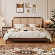 Solid Wood Bed Single Bed Household Retro B & B Double Bed 1.8m 1.2m Bed Small Apartment Rattan Japa