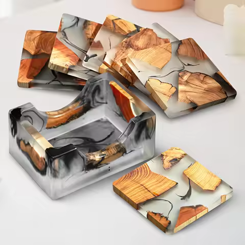 Wood Resin Coasters with Holder Set, Coffee Coasters, Unique Drink Coasters for Coffee Table Home De