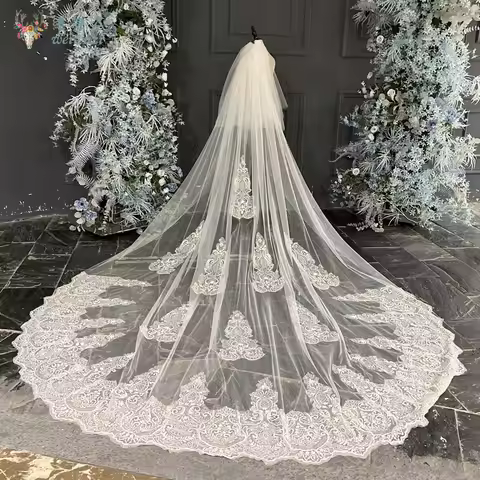 Luxurious Extra Long Tail Double Layer Wedding Bridal Veil French Palace Retro Lace Edge Bridal Acce
