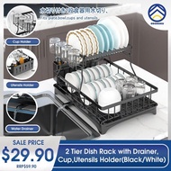 ODOROKU 2 Tier Dish Rack with Drainer Cup Holder &amp; Utensils Holder Compact Dish Drainer Rack Sink Or