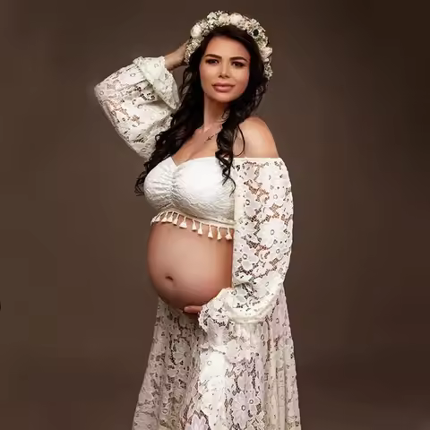 Boho Style Lace Maternity Dress Bohemian Photo Shooting Pregnancy Dress Baby Shower Ruffled Split Cu