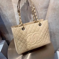 「JL精品代購」 98新 Chanel 香奈兒 荔枝牛皮Gst 奶油色 托特包