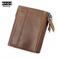 Dompet Lelaki Kulit Crazy Horse, Dompet Pendek Kulit Asli Tahan RFID, Dompet Lelaki Berzip Berkembar