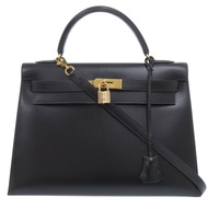 愛馬仕 Kelly 32 手提包，成色極佳，外部縫線，Box 小牛皮，黑色，金色五金，V 字印記（1992 年製造），黑色，0285 [二手] 愛馬仕