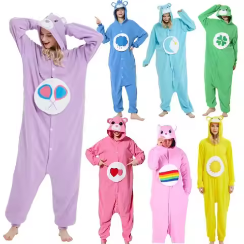 Cartoon Care Bears Hooded Onesie Pajamas Fleece One Piece Sleepwear Cosplay Costume Halloween Party 