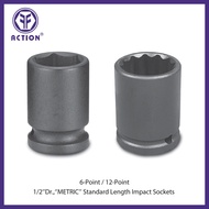 Action 1/2"DR 6-Point/12-Point METRIC Standard Length Impact Sockets - Size 20mm~40mm