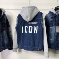 Men's denimJacket D2 blue and silver jeans, torn and scratched, gray felt hat with ICON printed on t