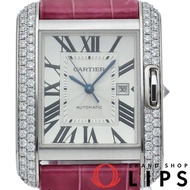 卡地亞 Tank Anglaise LM 腕錶，鑲鑽錶圈，型號 WT100018，帶原廠錶盒和保固卡，18K 白金/皮革錶帶，銀色，拋光處理，成色極佳 [二手]