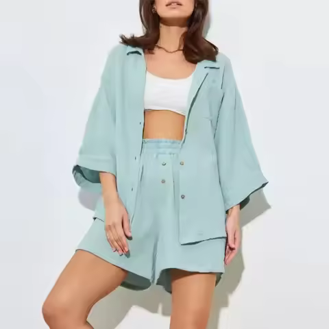 100% Cotton Gauze Muslin Sets Pajamas for Women 2 Pieces Half Sleeve Shirts Top + High Wasit Short C
