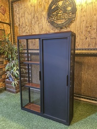 IRONSERVICE 4-Tier Metal Sliding Door Bookcase with Antique Finish and Metal Frame