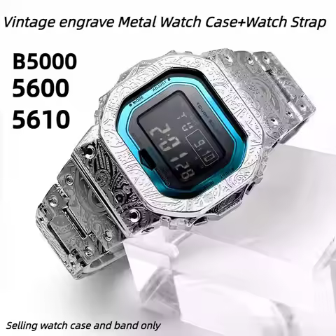 Vintage engrave Metal Band Watchband Case For Casio DW5600 GWM5610 GWM-B5000 Stainless Steel Watch S