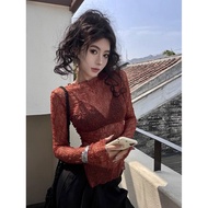 y2k y2k Women's Clothing Translucent Tops Hot Girls Lace See-Through Round Neck Long Sleeves T-Shirt