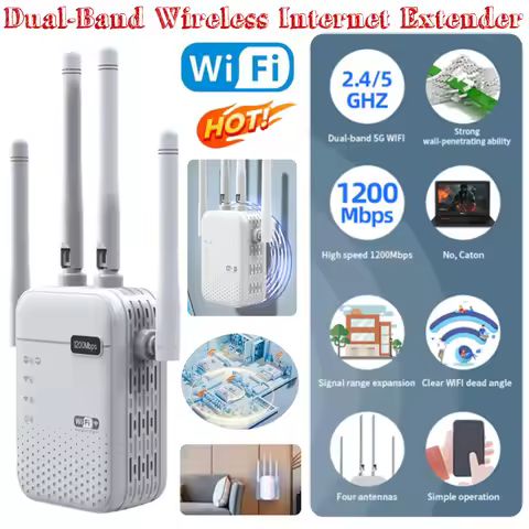 1200Mbps WiFi Signal Booster 4 External Antennas 5GHz 2.4GHz Dual-Band Wireless Signal Range Extende