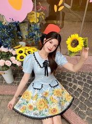 BLT BRAND SP การันตีเสื้อผ้าแบรนด์แท้ เดรสฟ้าแขนสั้น พิมพ์ลายดอกทานตะวันสีเหลือง น่ารักมาก